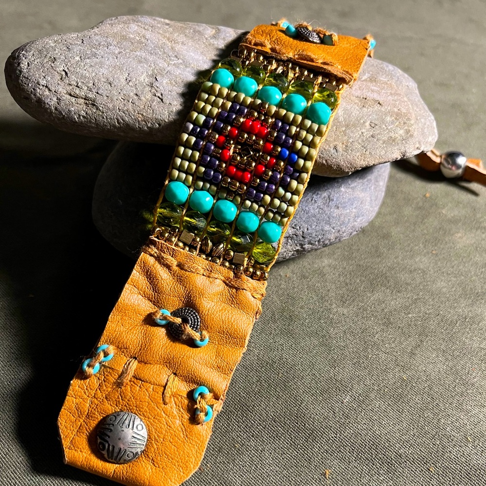 Beaded boho leather cuff bracelet